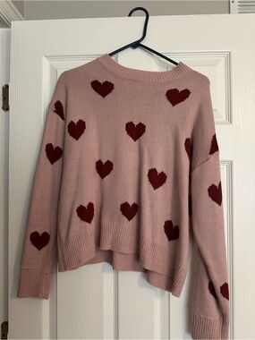 Amazon Pink Crewneck Sweater with Maroon Heart Pattern